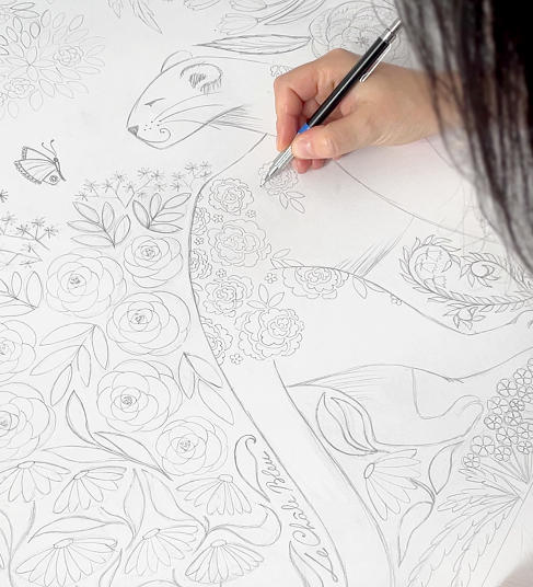 le-chale-bleu-silk-twill-scarf-the-panther-and-the-artist-ania-drawing-vert