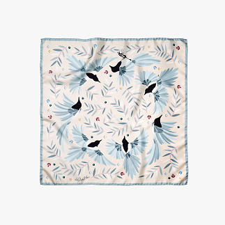 LE-CHALE-BLEU-silk-twill-bandana-magpies-dance-ivory-1