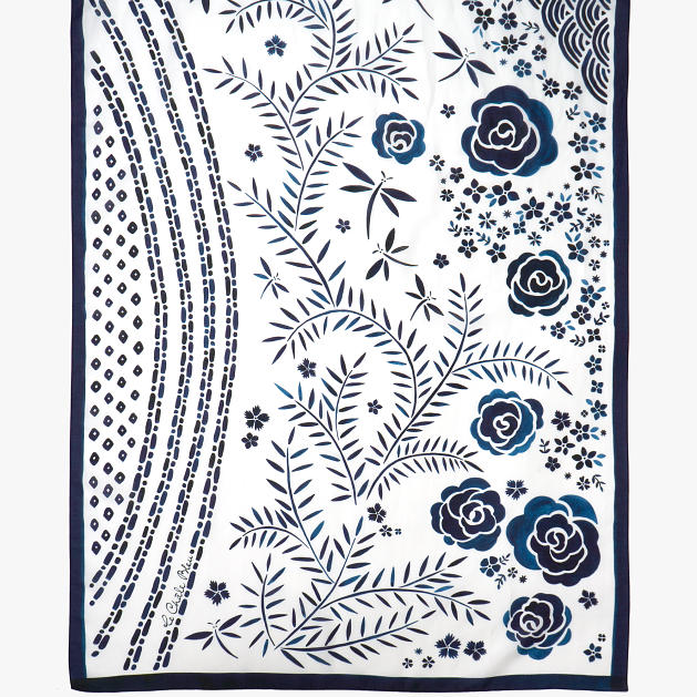 LE-CHALE-BLEU-cotton-and-silk-stole-roses-and-dragonflies-indigo-2