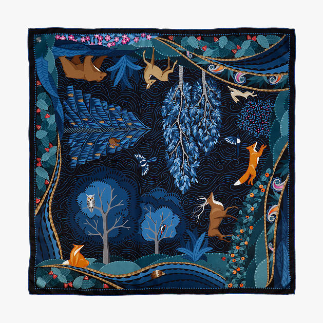 le-chale-bleu-silk-twill-scarf-boreal-forest-black-and-blue-FW2024-1