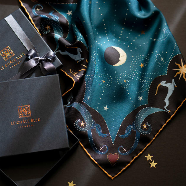 LE-CHALE-BLEU-silk-twill-bandana-beautiful-as-the-moon-peacock-2025-7