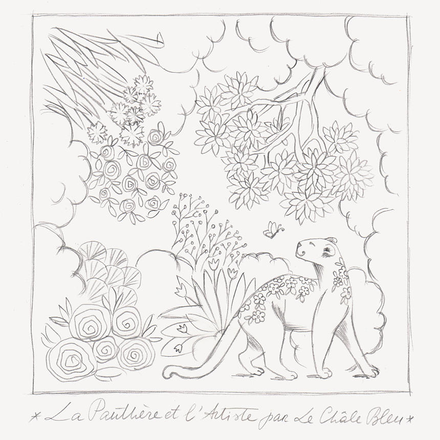 LE-CHALE-BLEU-silk-twill-bandana-the-panther-and-the-artist-first-sketch-2