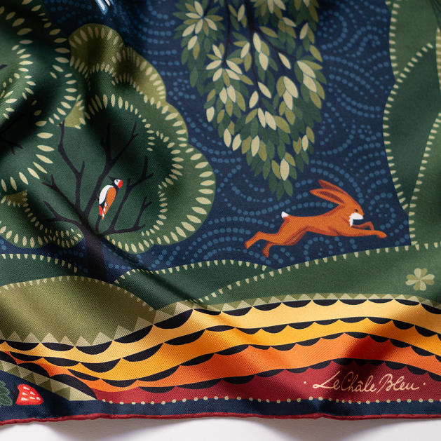 LE-CHALE-BLEU-silk-twill-bandana-the-voyage-into-the-boreal-forest-ink-8