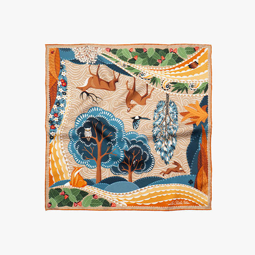 LE-CHALE-BLEU-silk-twill-bandana-the-voyage-into-the-boreal-forest-orange-1