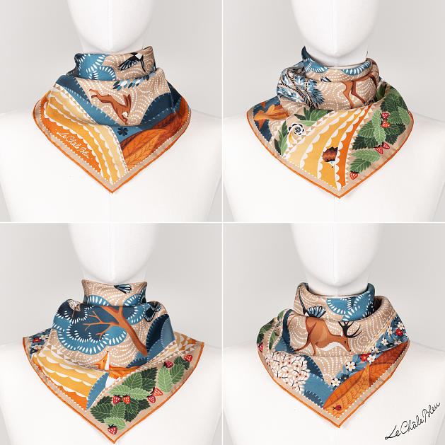LE-CHALE-BLEU-silk-twill-bandana-the-voyage-into-the-boreal-forest-orange-5